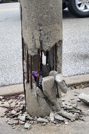 Corrosion-damaged prestressed concrete utility and light poles can be repaired with PileMedic FRP laminates