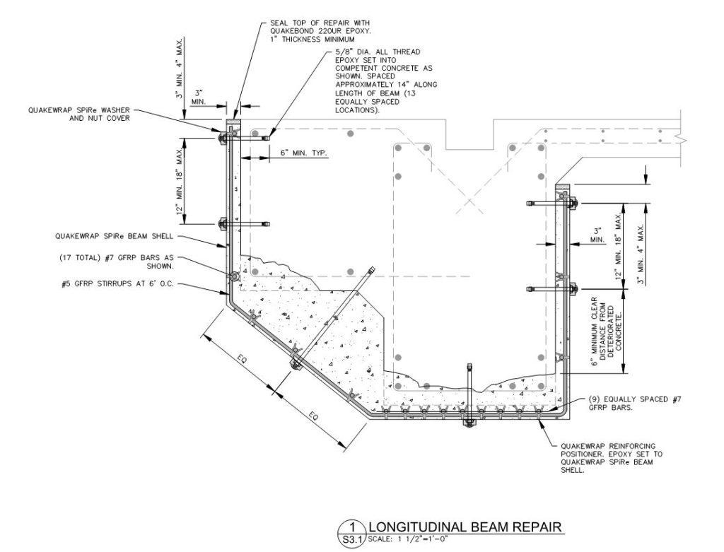 Reinforcement detail for repair of marine beam and deck with SPiRe FRP shells