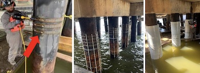 Installation and encapsulation of ShearWrap used in repair of steel circular pipe piles or columns