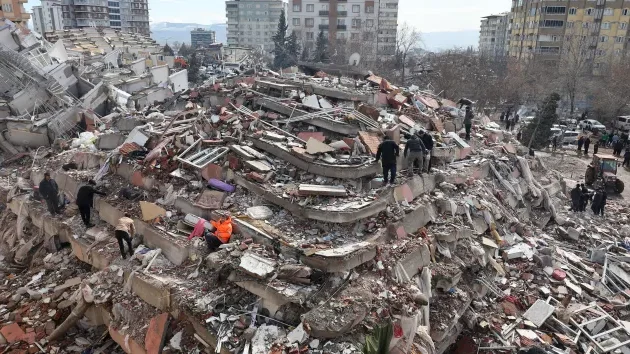 collapsed columns and building in an earthquake