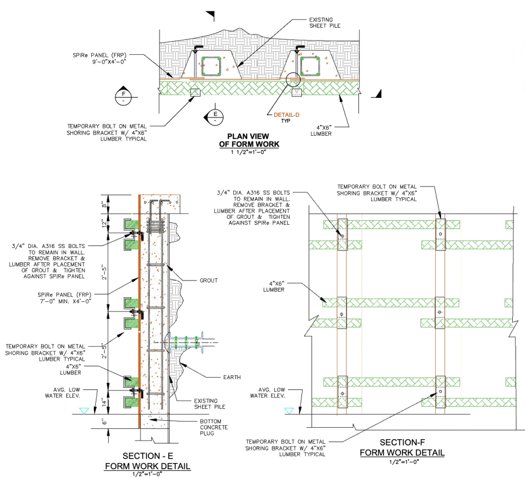 Typical installation details for flat SPiRe FRP panels to repair a corroded steel sheet pile