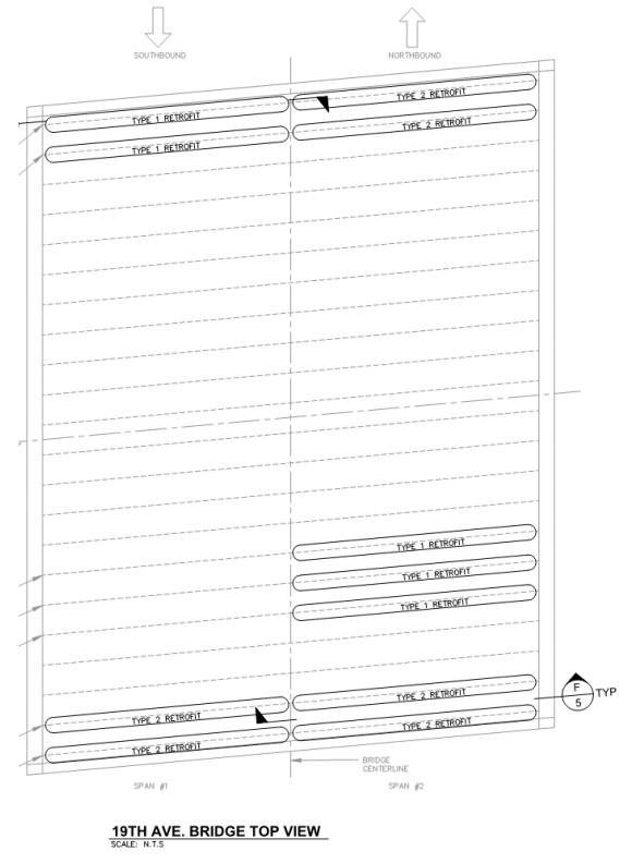 Fig. 7. Location of the 11 girders requiring repair at the 19th Ave. bridge.